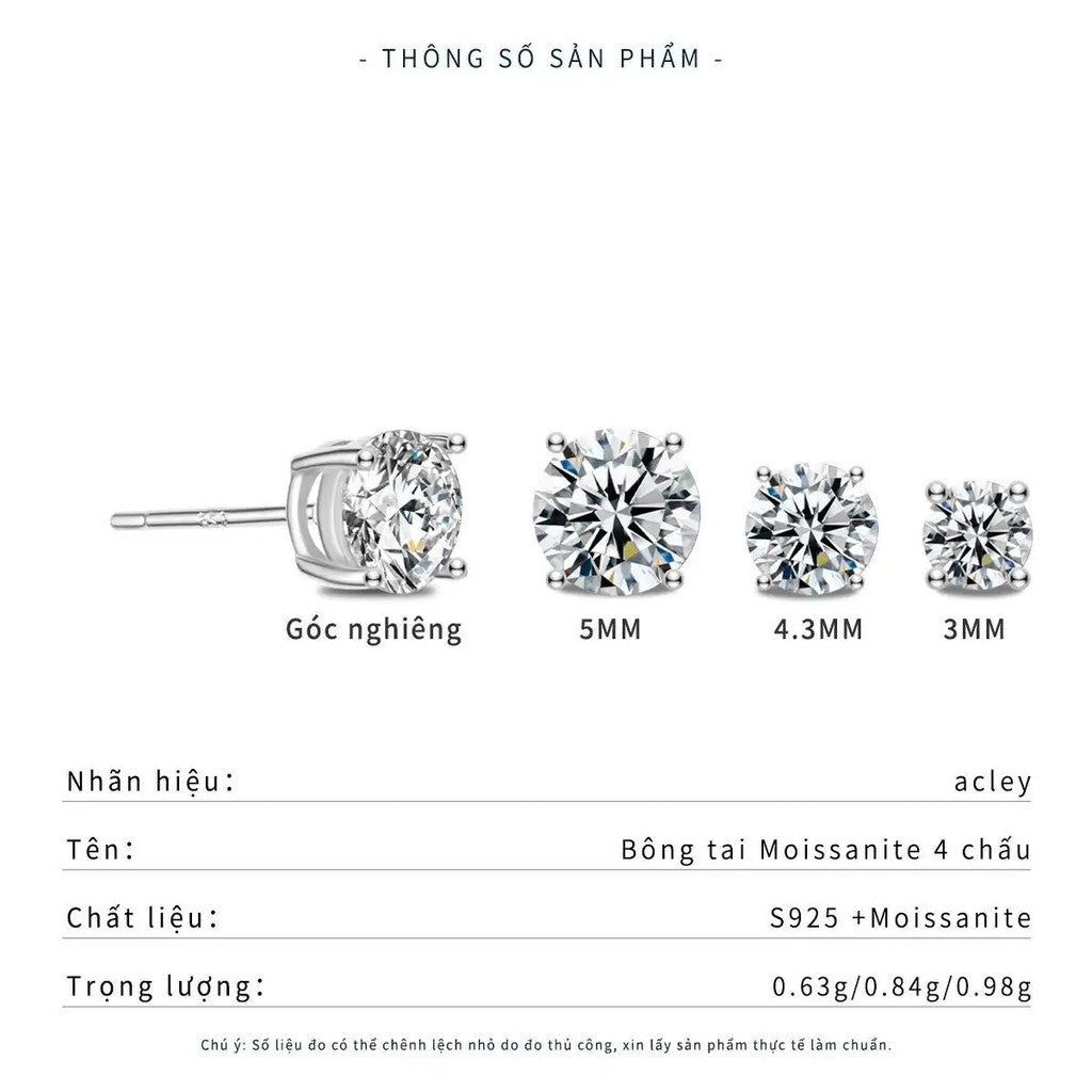 Bông tai bạc S925 đính đá moissanite dáng tròn cổ điển