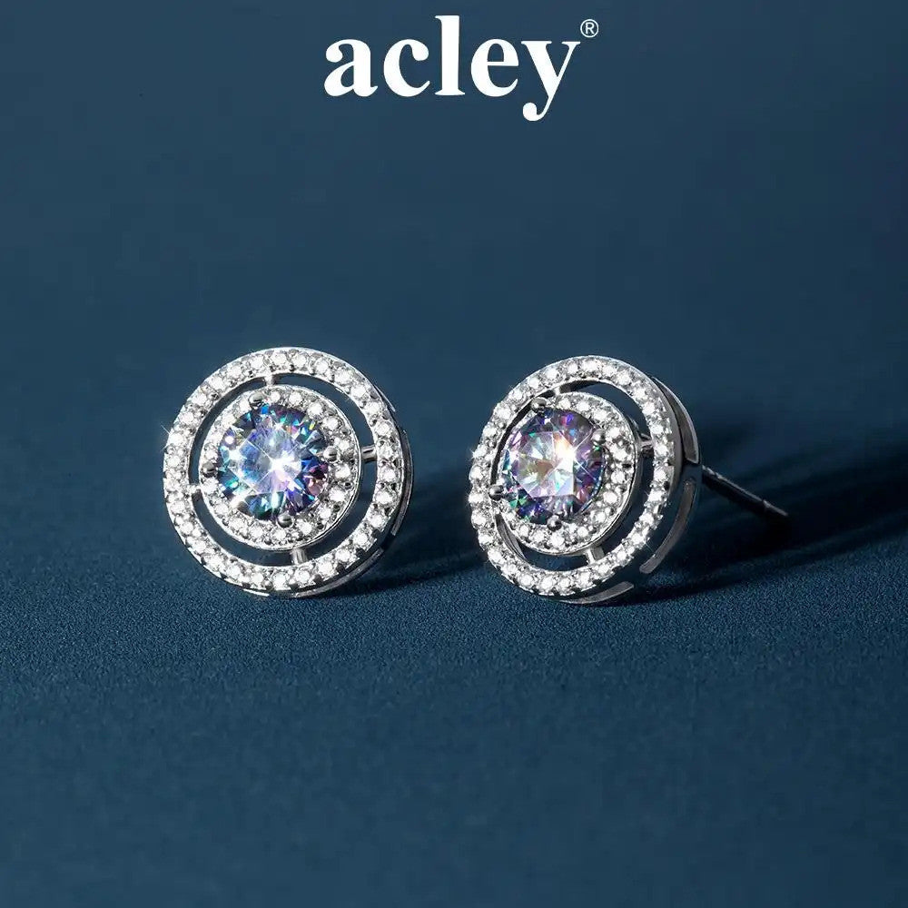 Bông tai nụ bạc S925 hình tròn đồng tâm đính đá Moissanite