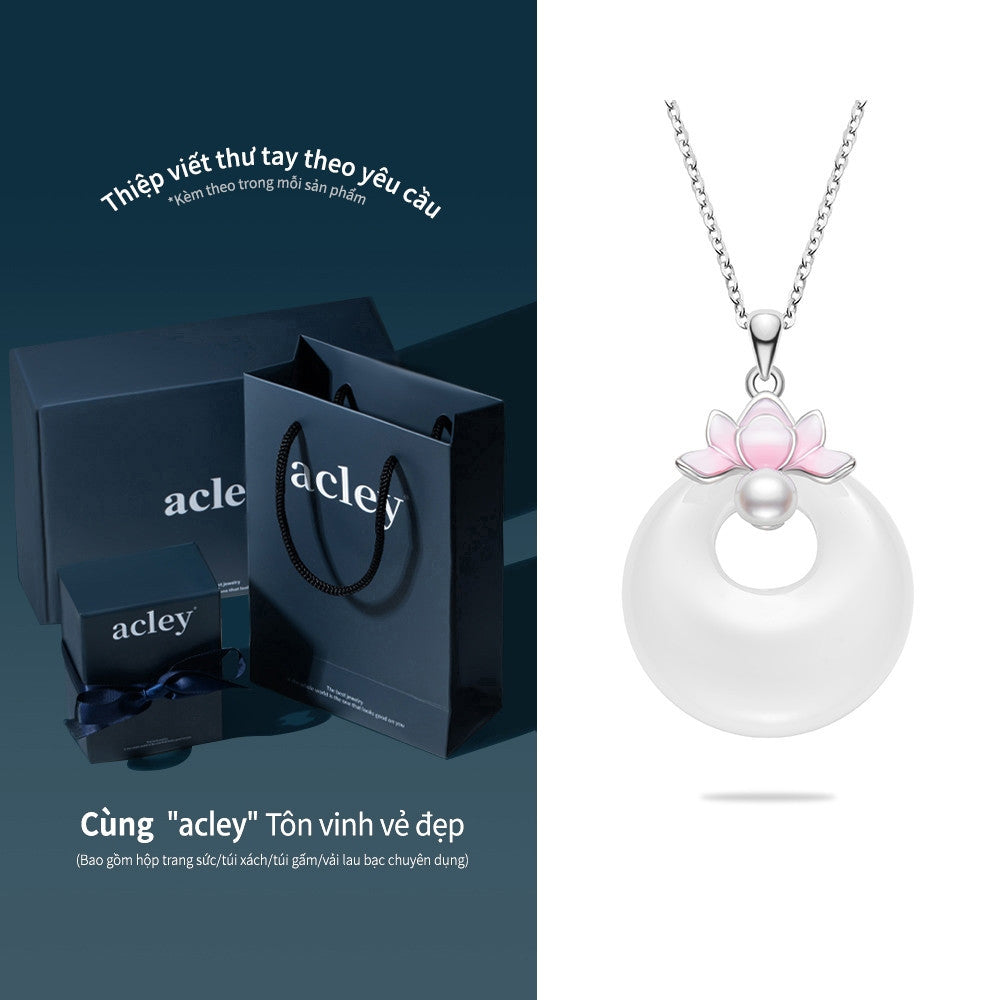 Dây chuyền bạc S925 mặt tròn đá mã não chalcedony hoa sen ngọc trai nước ngọt