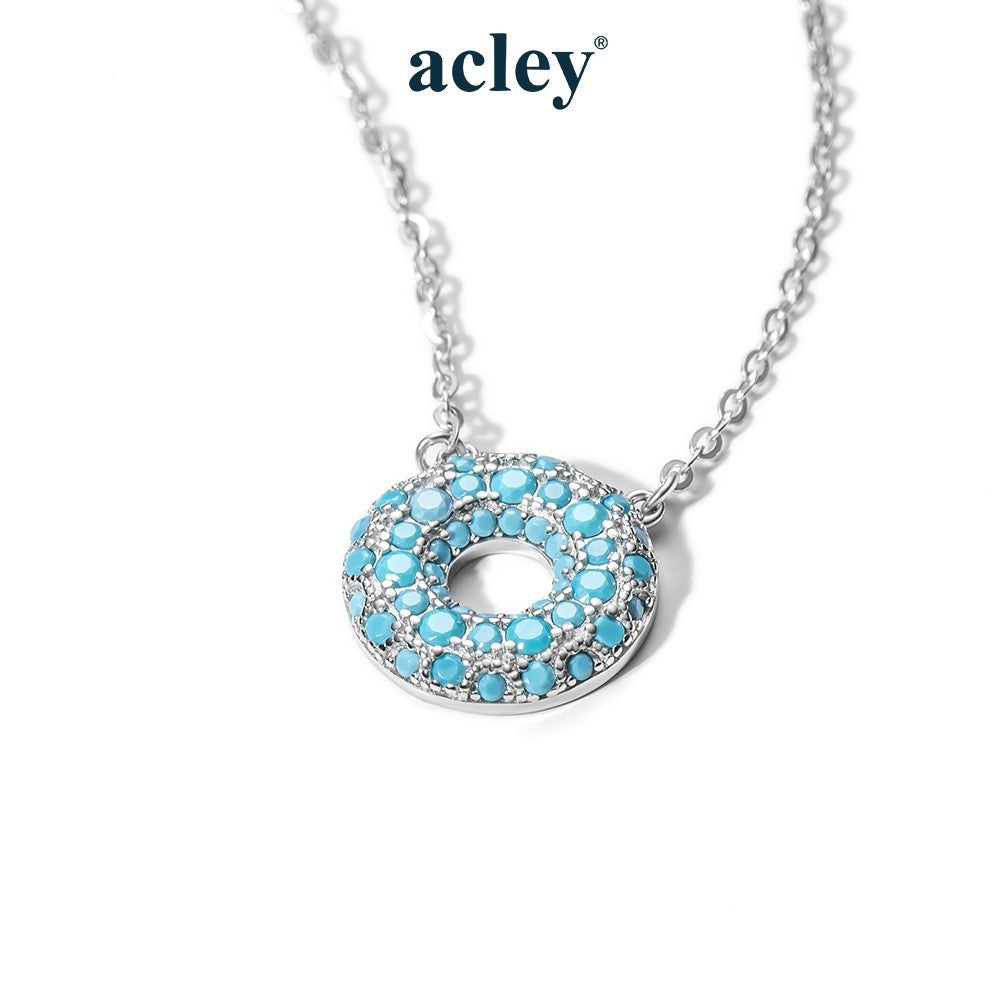 Dây chuyền bạc S925 mặt tròn rỗng khảm đá turquoise