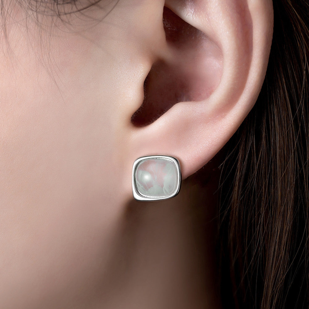 Bông tai nụ bạc S925 đá mã não chalcedony dáng vuông bo góc