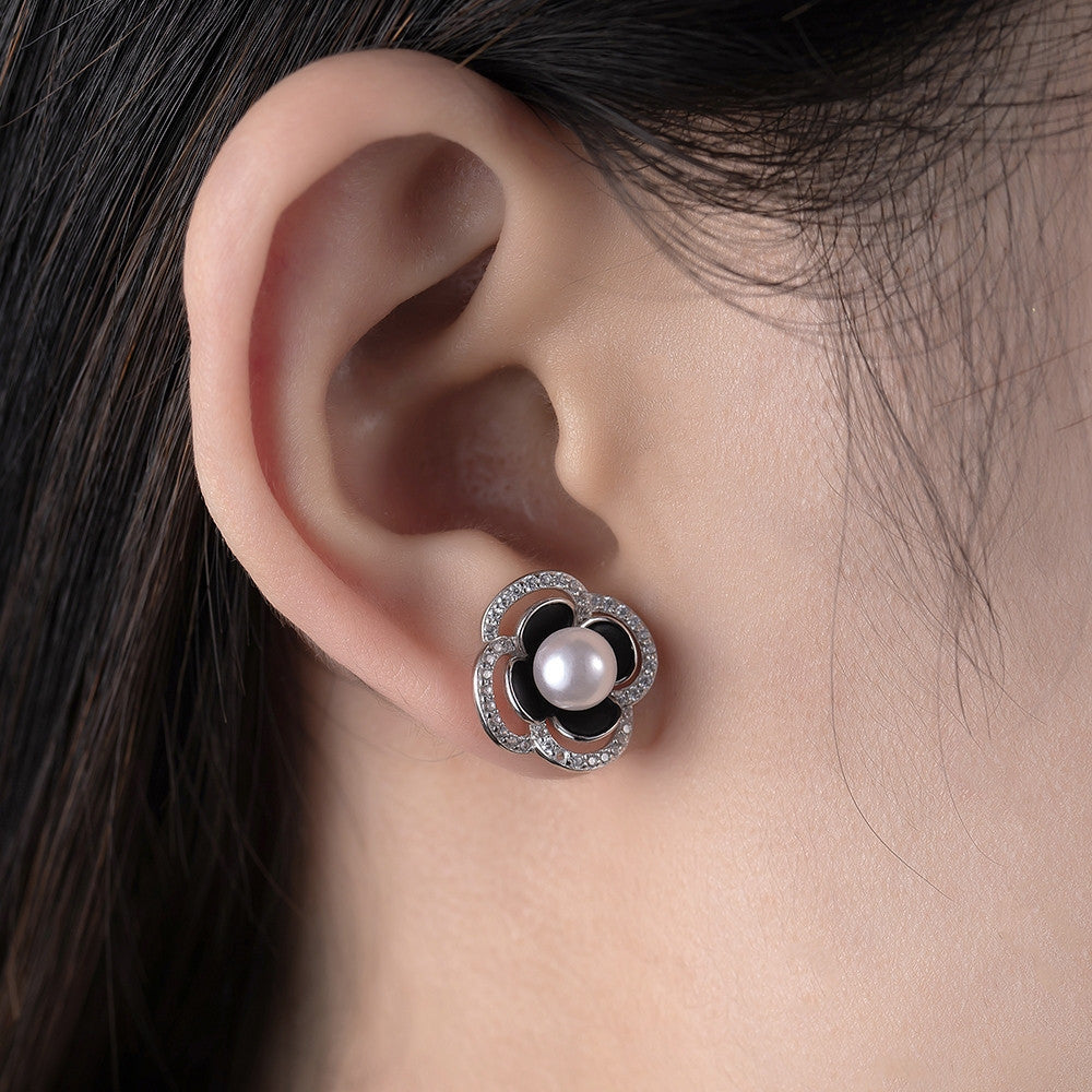 Bông tai bạc S925 hoa ngọc trai đính zircon 5A
