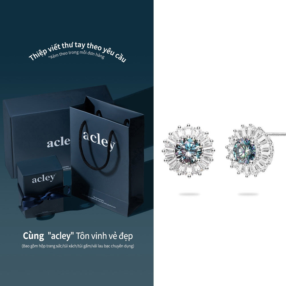Bông tai bạc S925 đính đá Moissanite dáng tròn halo sang trọng