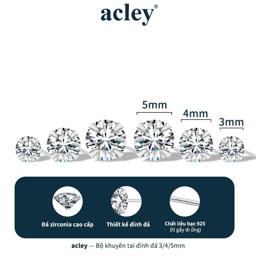 Bộ 3 đôi bông tai nụ bạc S925 đính đá zircon 5A