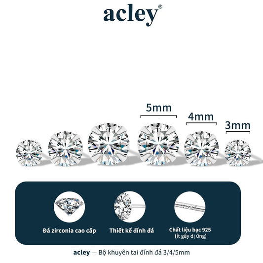 Bộ 3 đôi bông tai nụ bạc S925 đính đá zircon 5A