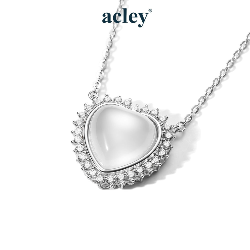 Dây chuyền bạc S925 mặt trái tim đá mã não chalcedony viền zircon 5A
