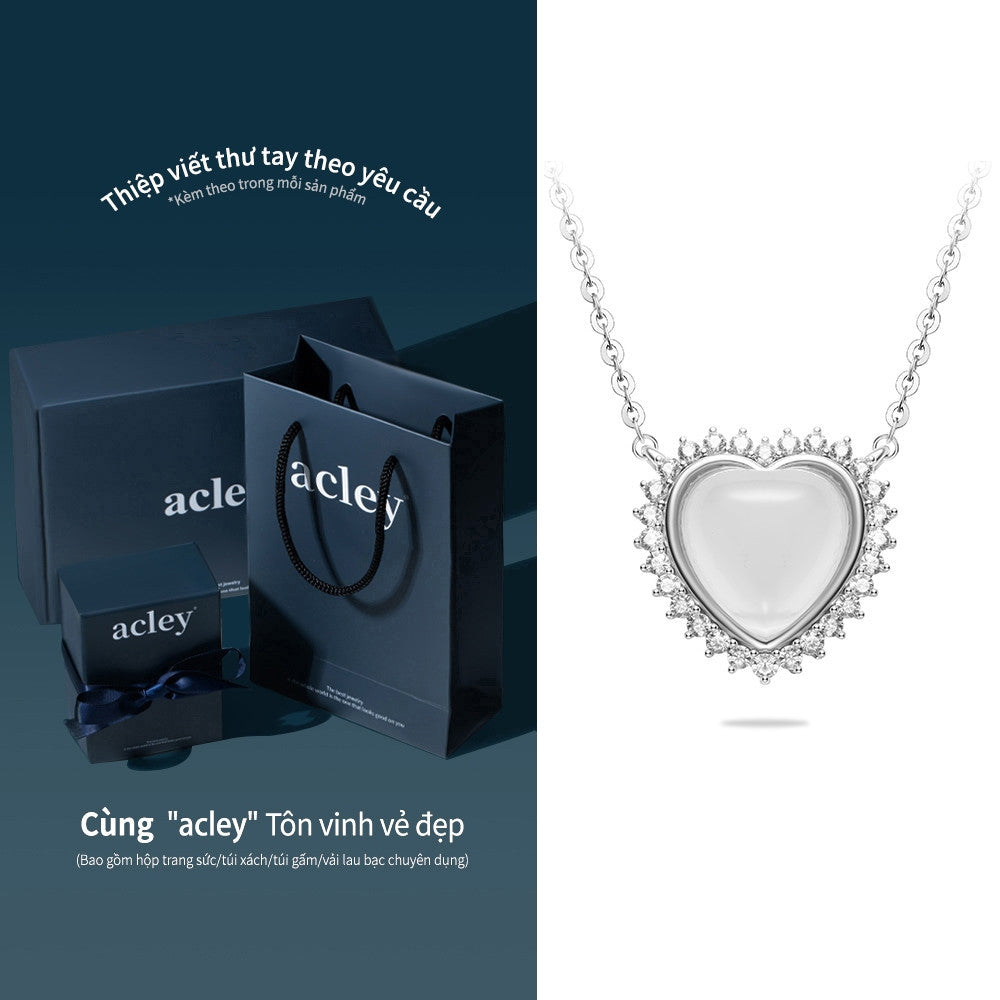 Dây chuyền bạc S925 mặt trái tim đá mã não chalcedony viền zircon 5A