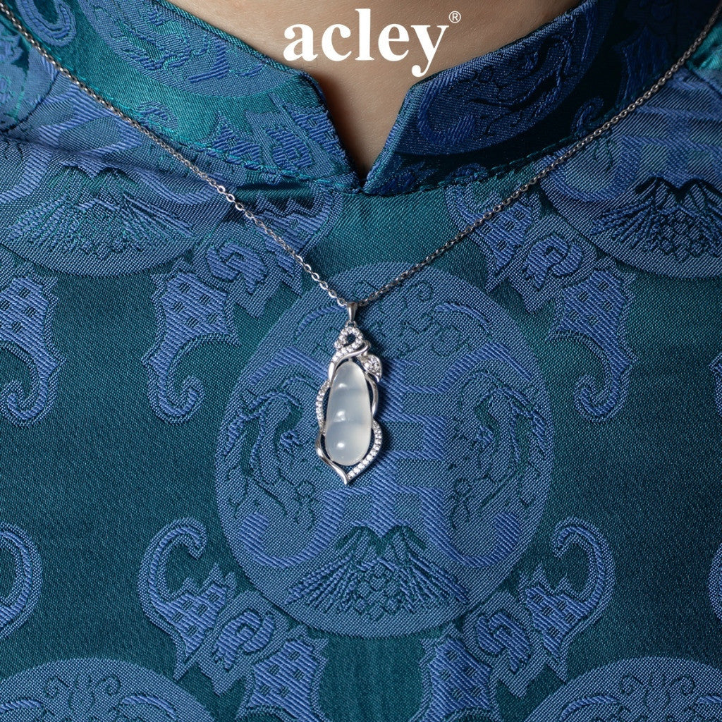 Dây chuyền bạc S925 mặt giọt nước dài đá mã não chalcedony viền zircon 5A