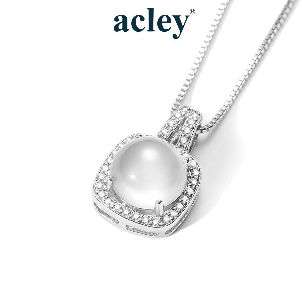 Dây chuyền bạc S925 mặt vuông bo góc đá mã não chalcedony viền zircon 5A
