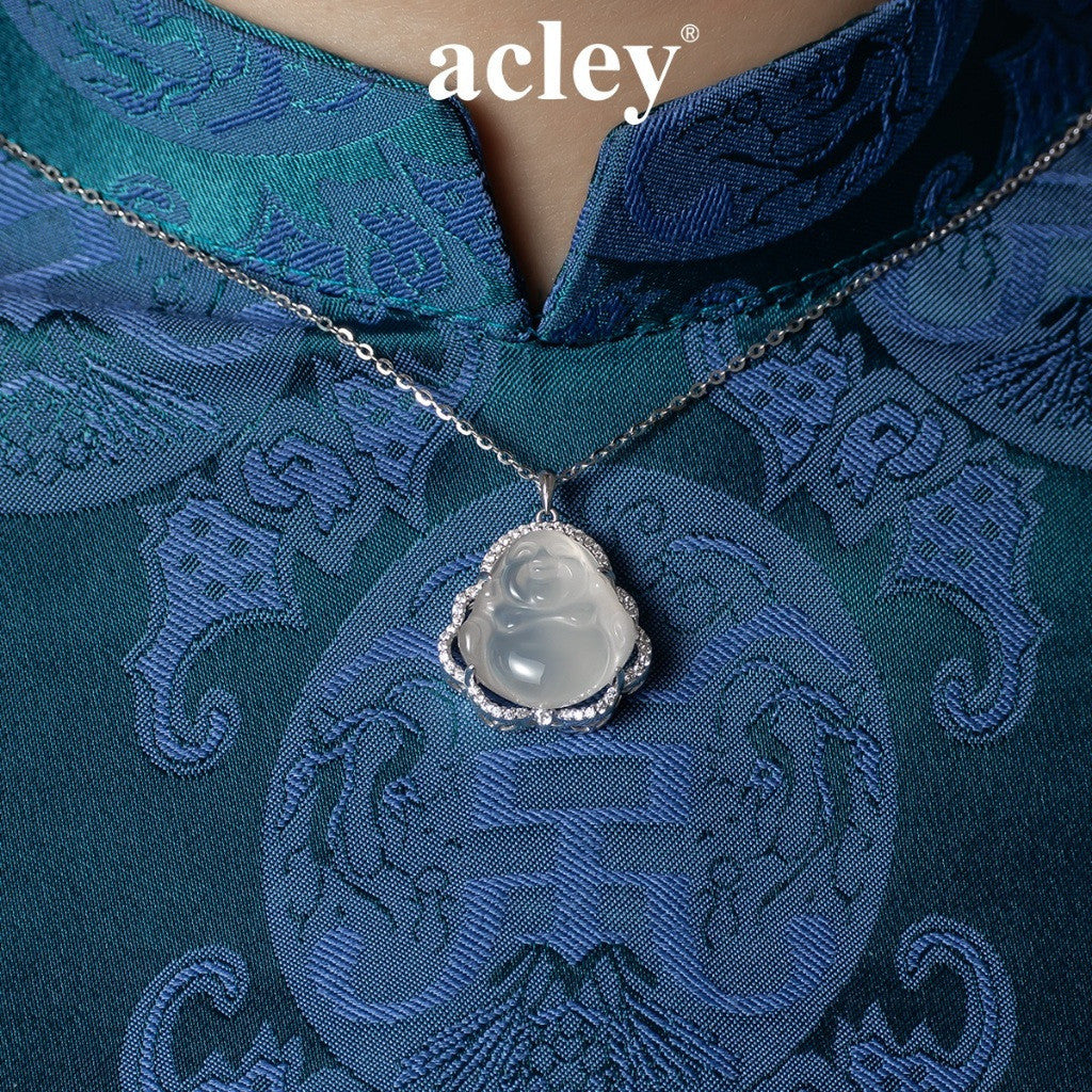 Dây chuyền bạc S925 mặt Phật Di Lặc đá chalcedony mã não viền zircon 5A