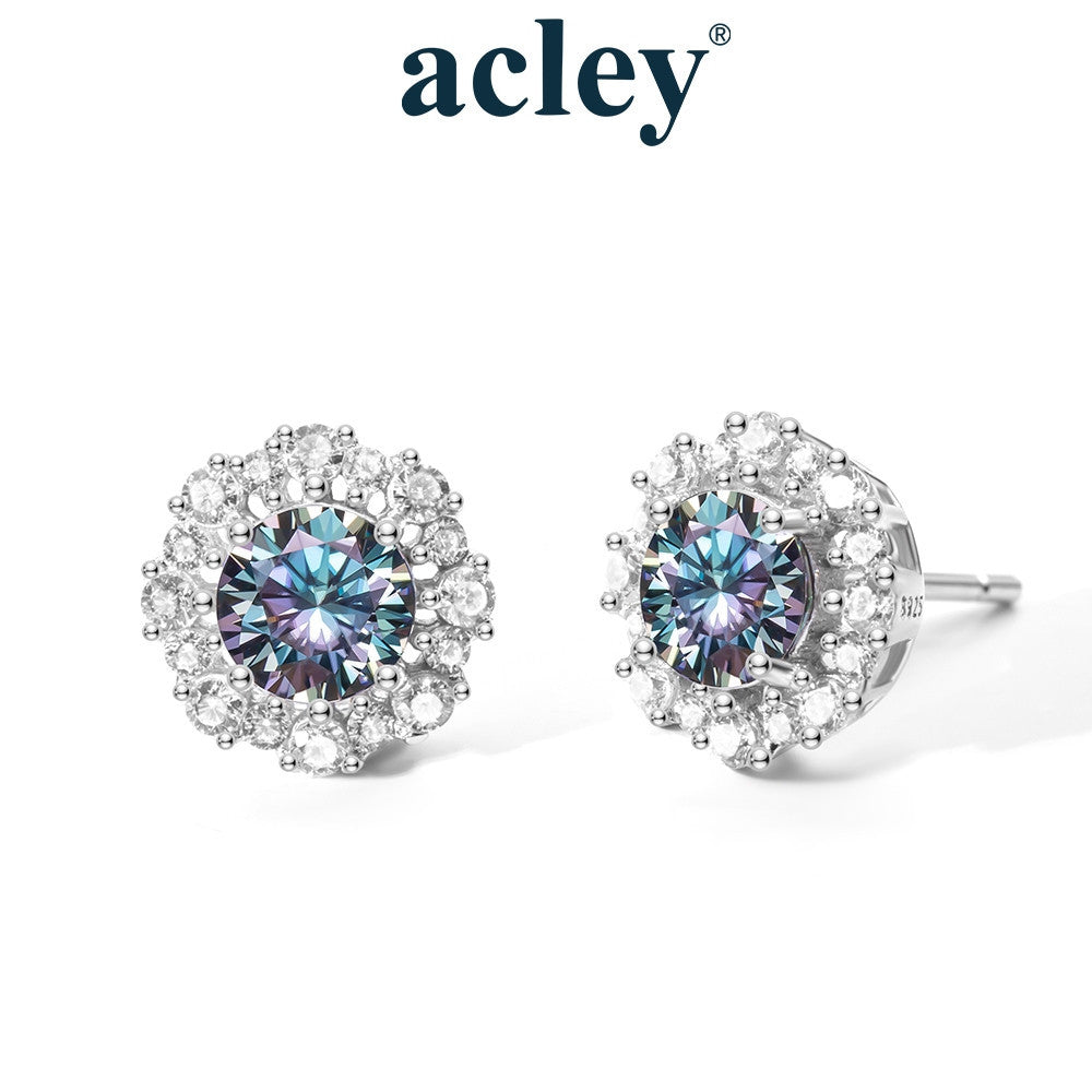 Bông tai bạc S925 đính đá Moissanite dáng hoa tròn
