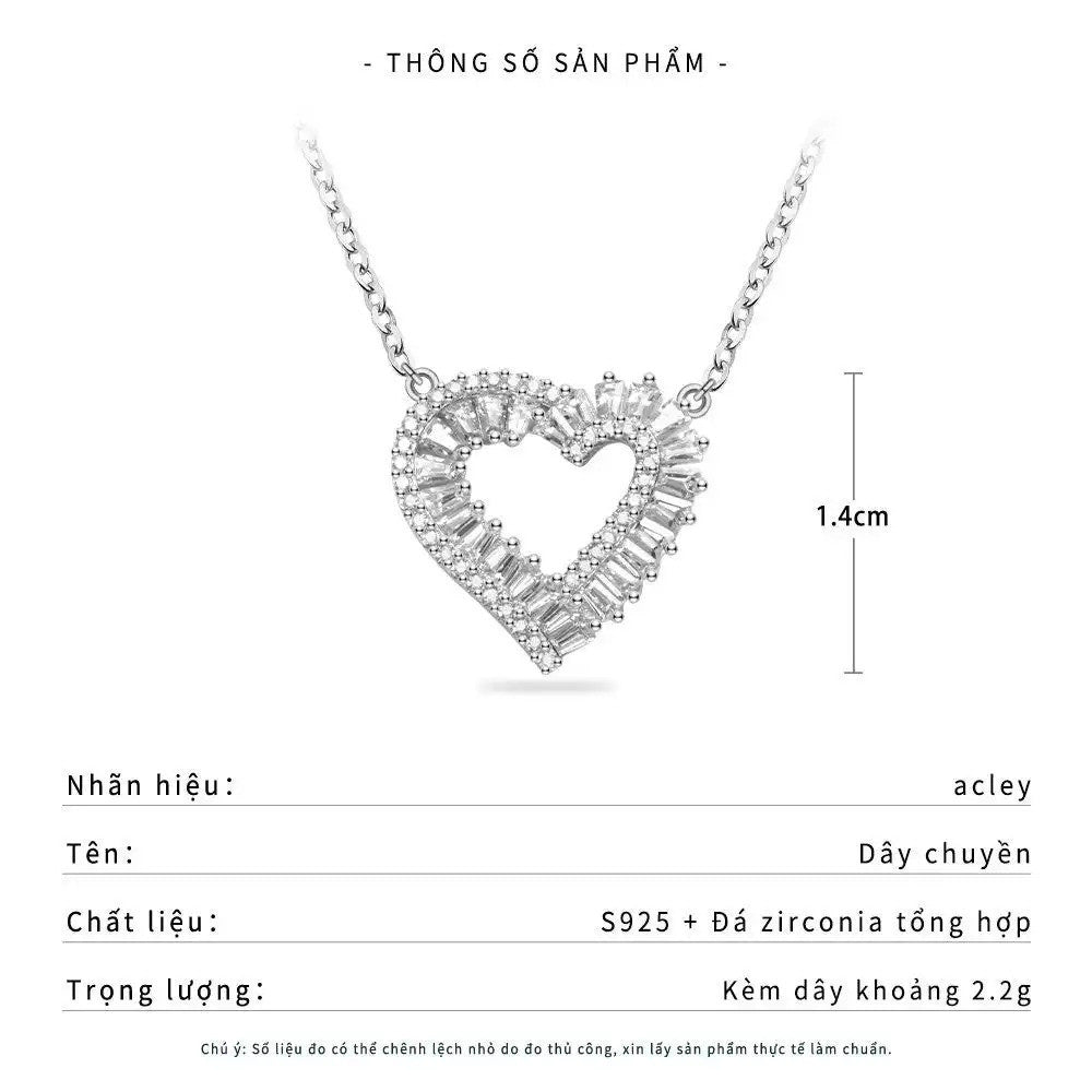 Dây chuyền bạc S925 mặt trái tim rỗng đính đá zircon 5A