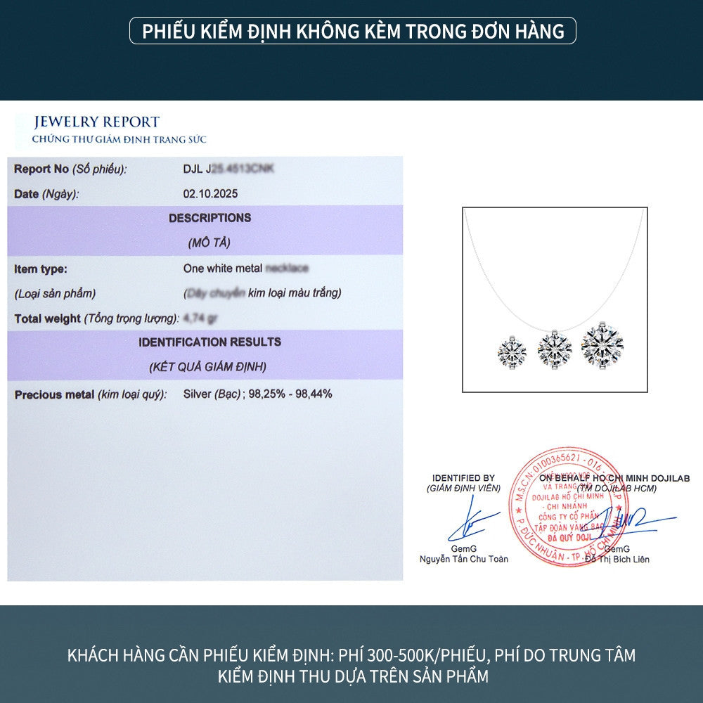 Dây chuyền bạc S925 đính 3 viên đá Moissanite tròn