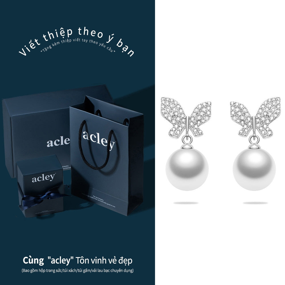 Bông tai bạc S925 hình bướm đính ngọc trai