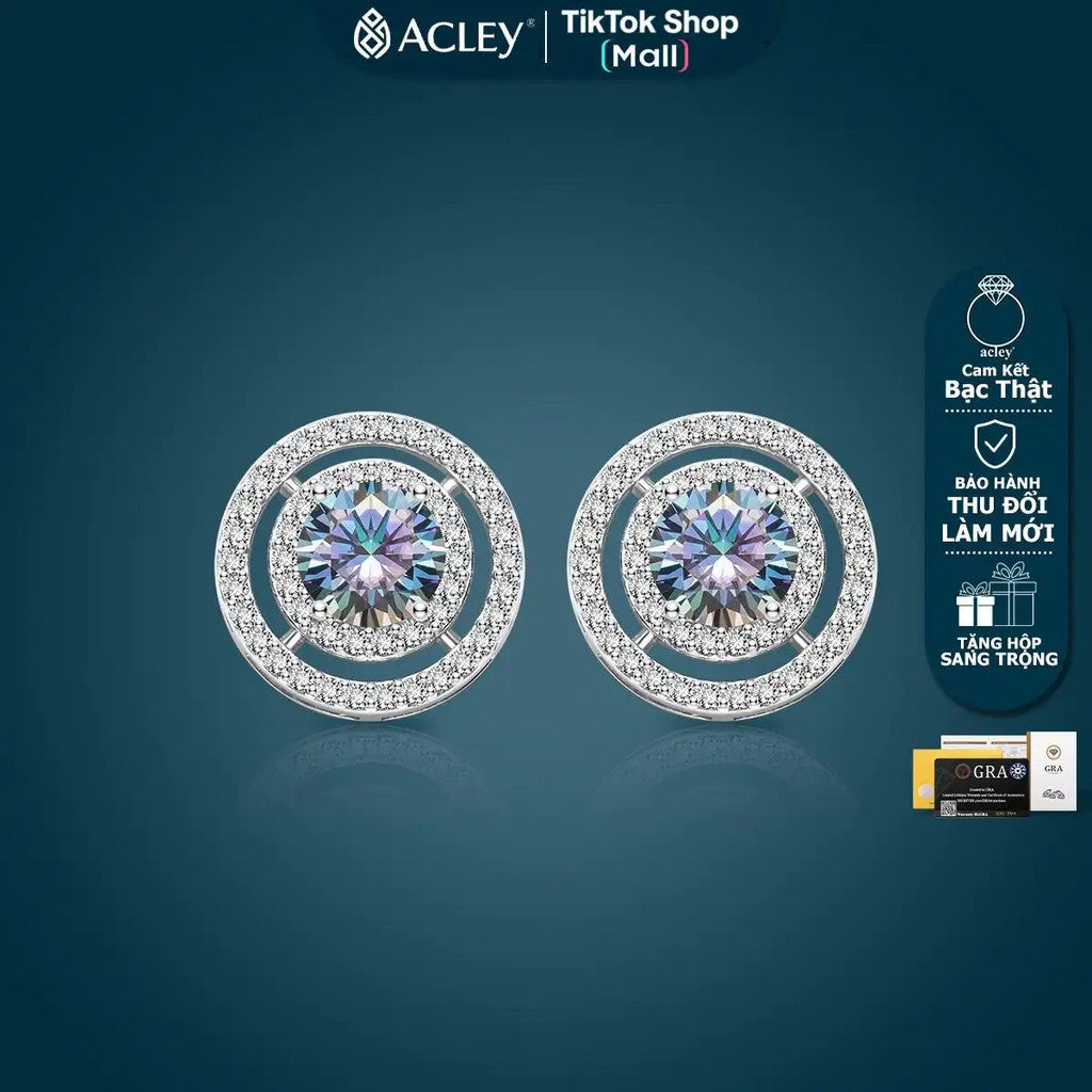 Bông tai nụ bạc S925 hình tròn đồng tâm đính đá Moissanite