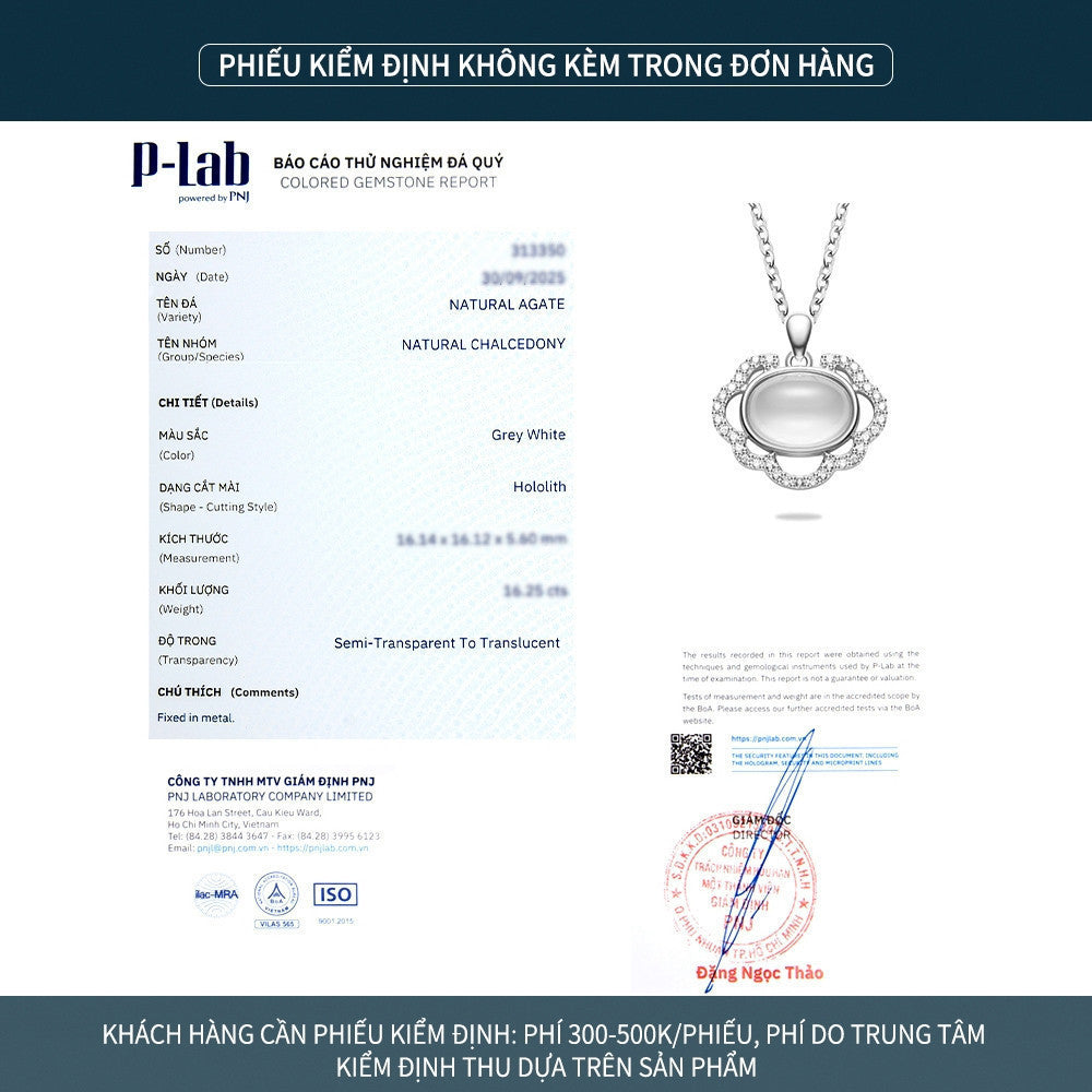 Dây chuyền bạc S925 mặt oval đá mã não chalcedony viền hoa