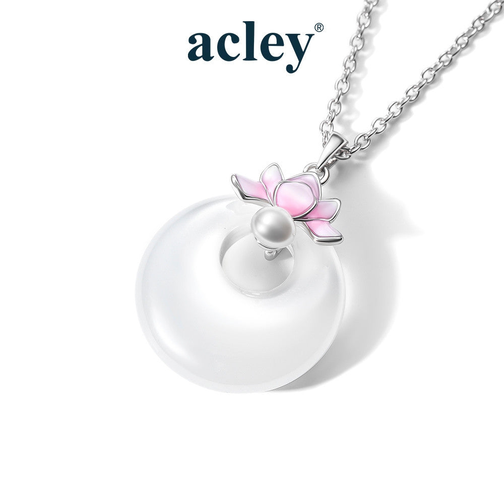 Dây chuyền bạc S925 mặt tròn đá mã não chalcedony hoa sen ngọc trai nước ngọt