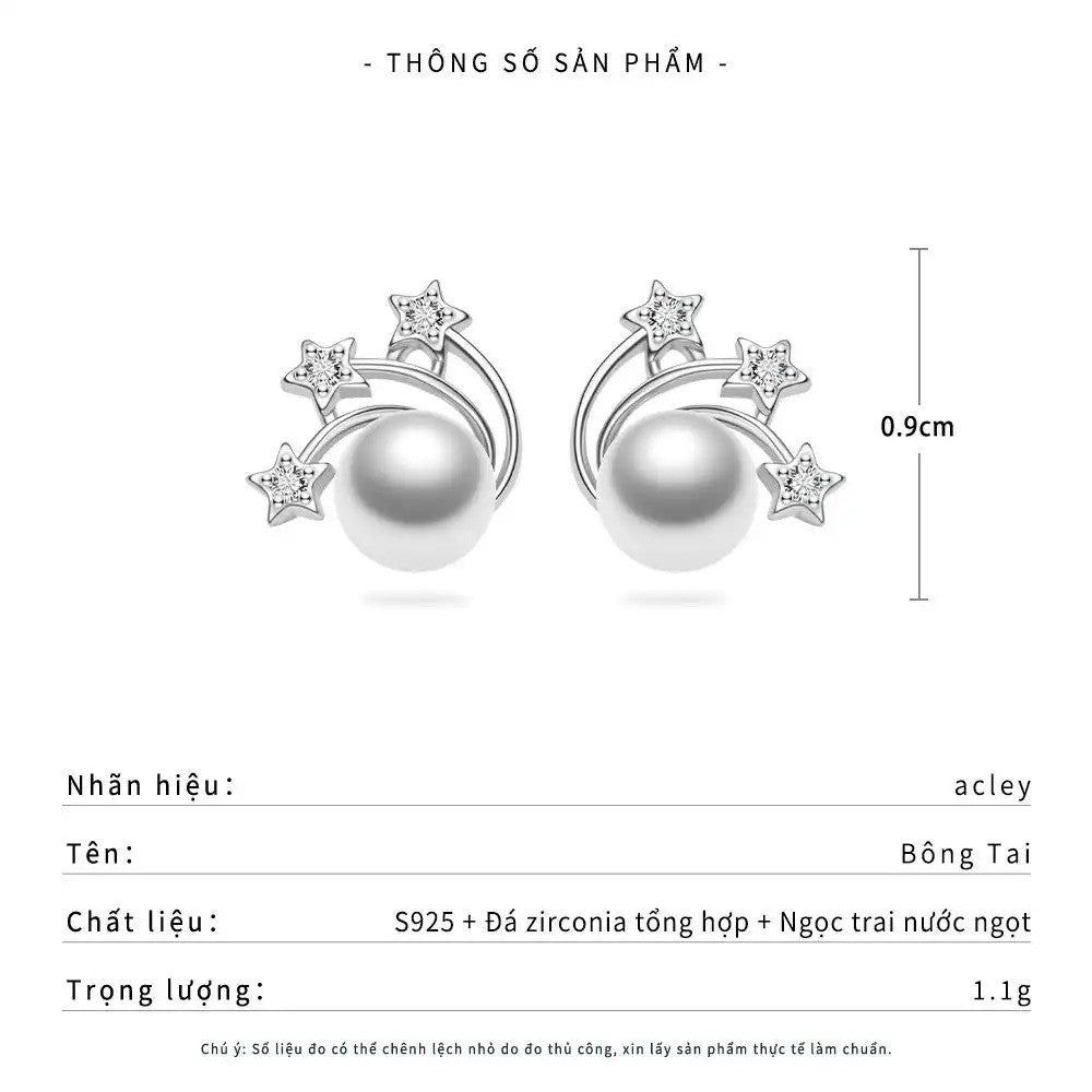 Bông tai bạc S925 ngọc trai nước ngọt hình cầu vồng sao đính đá zircon 5A