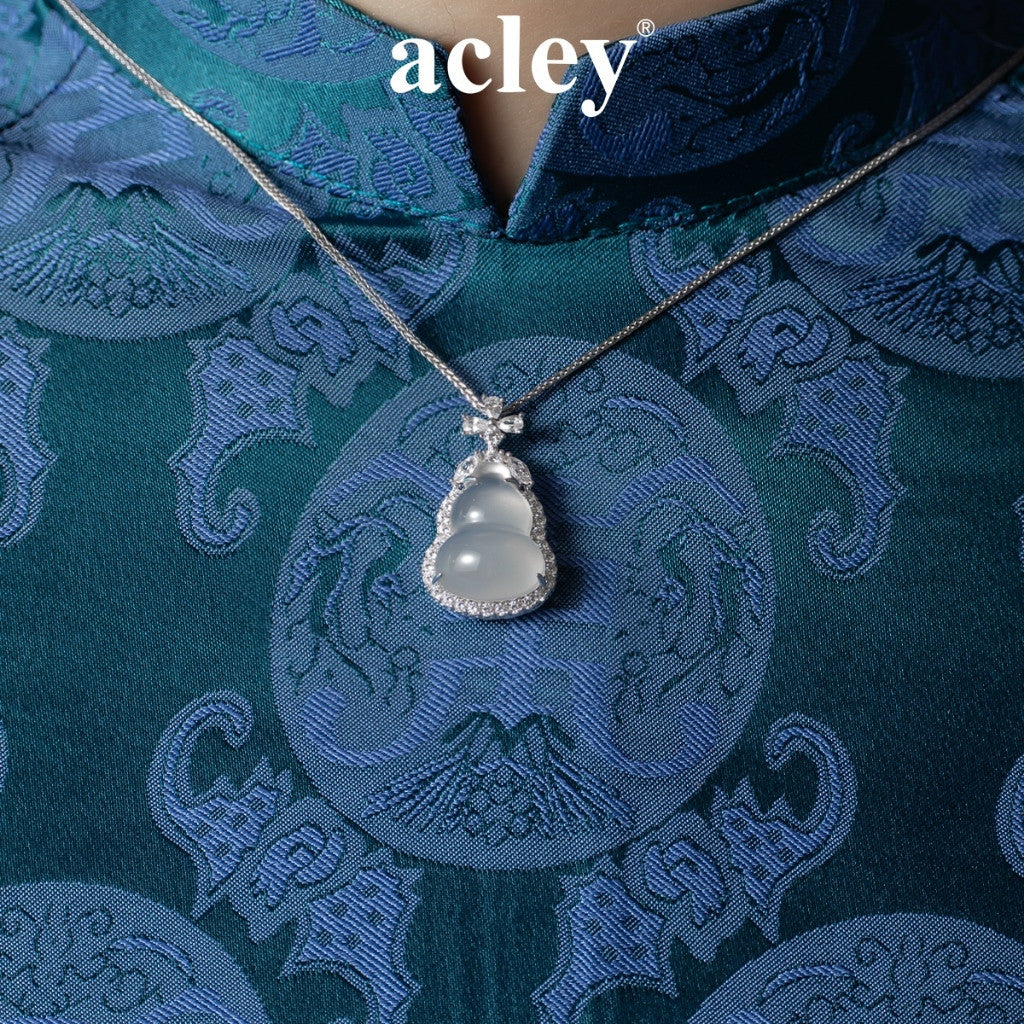 Dây chuyền bạc S925 mặt hồ lô thắt nơ đá mã não chalcedony zircon 5A