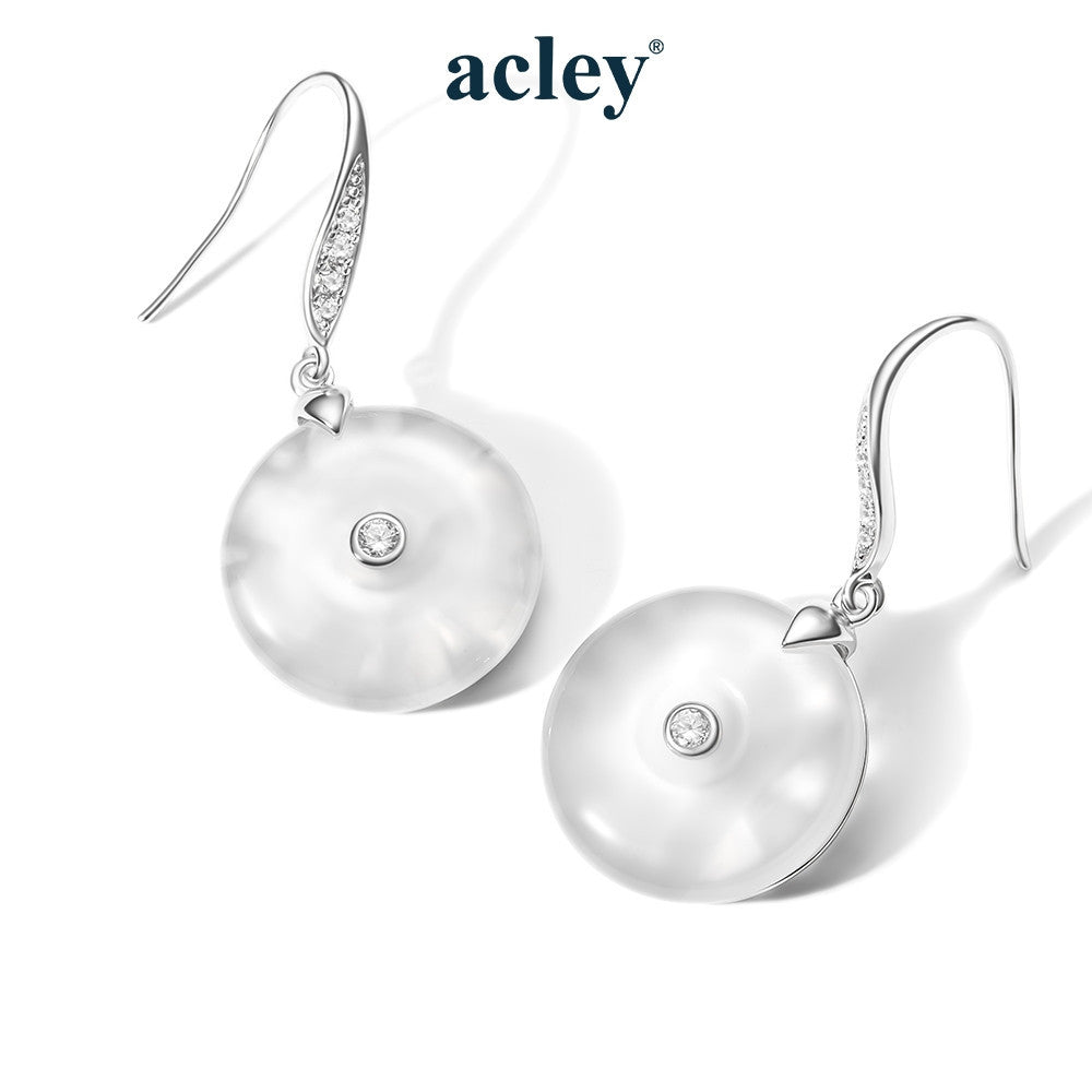 Bông tai móc bạc S925 đá mã não chalcedony dáng đồng xu