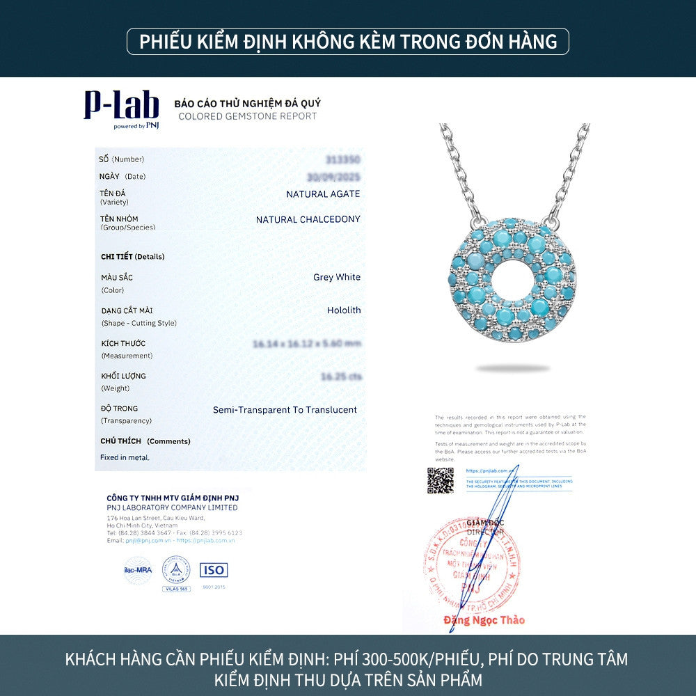 Dây chuyền bạc S925 mặt tròn rỗng khảm đá turquoise
