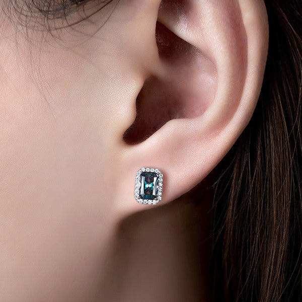 Bông tai bạc S925 đính đá Moissanite dáng chữ nhật halo