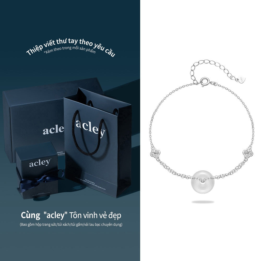 Lắc tay bạc S925 phối đá mã não chalcedony trắng điểm hoa