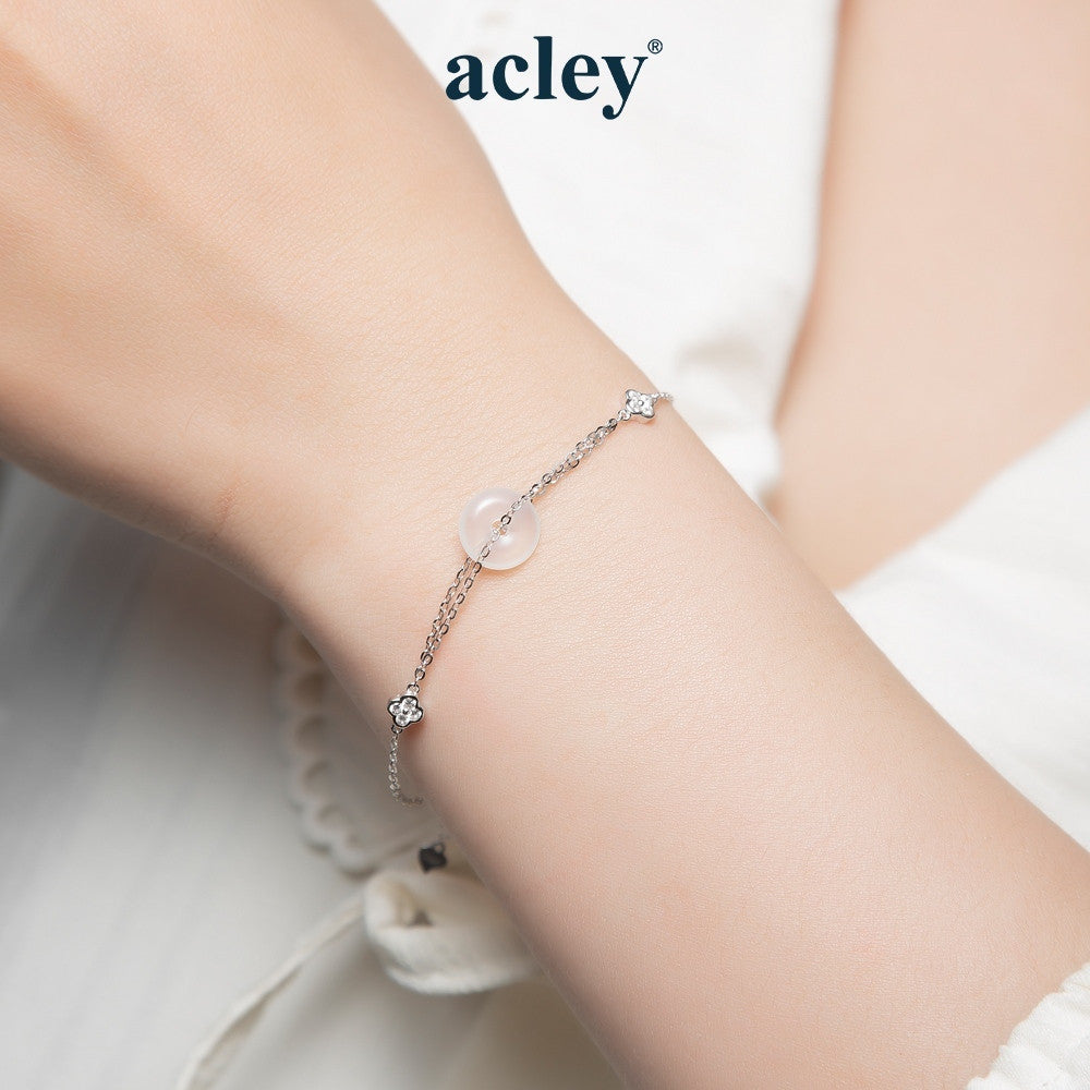 Lắc tay bạc S925 phối đá mã não chalcedony trắng điểm hoa