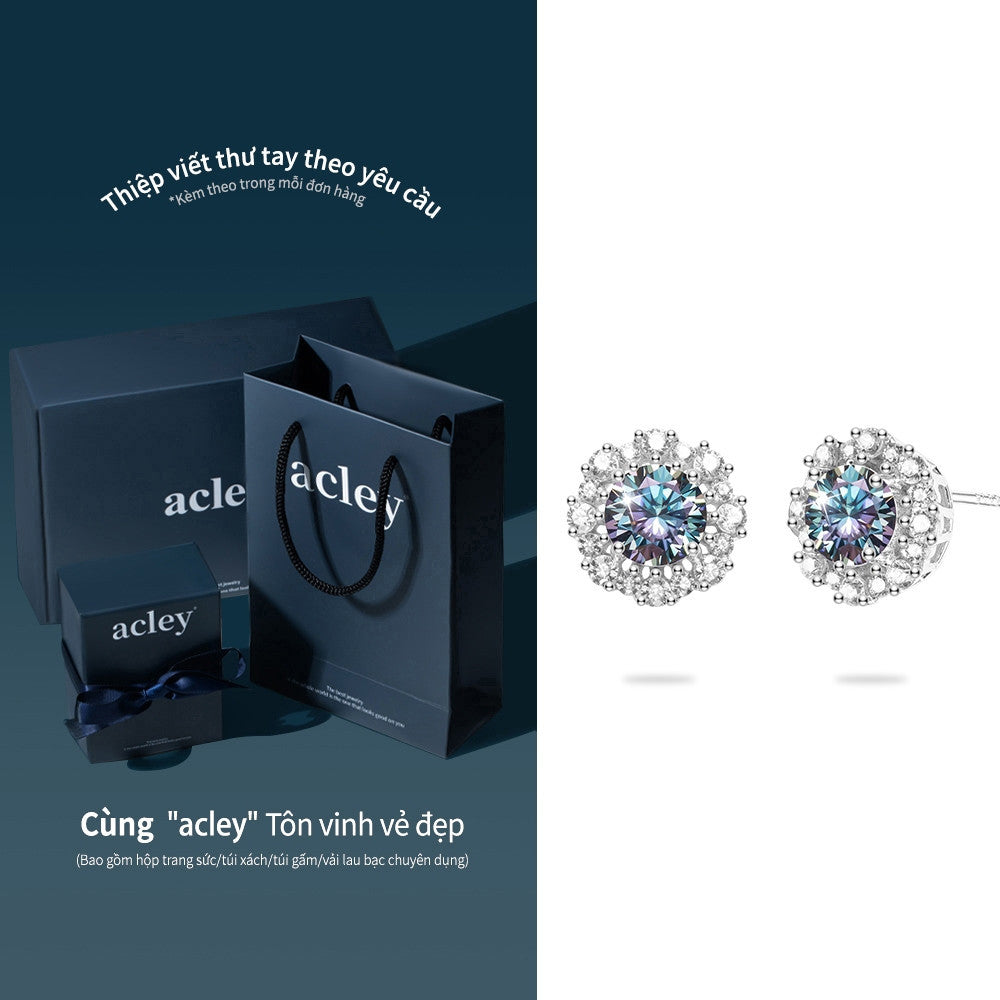 Bông tai bạc S925 đính đá Moissanite dáng hoa tròn