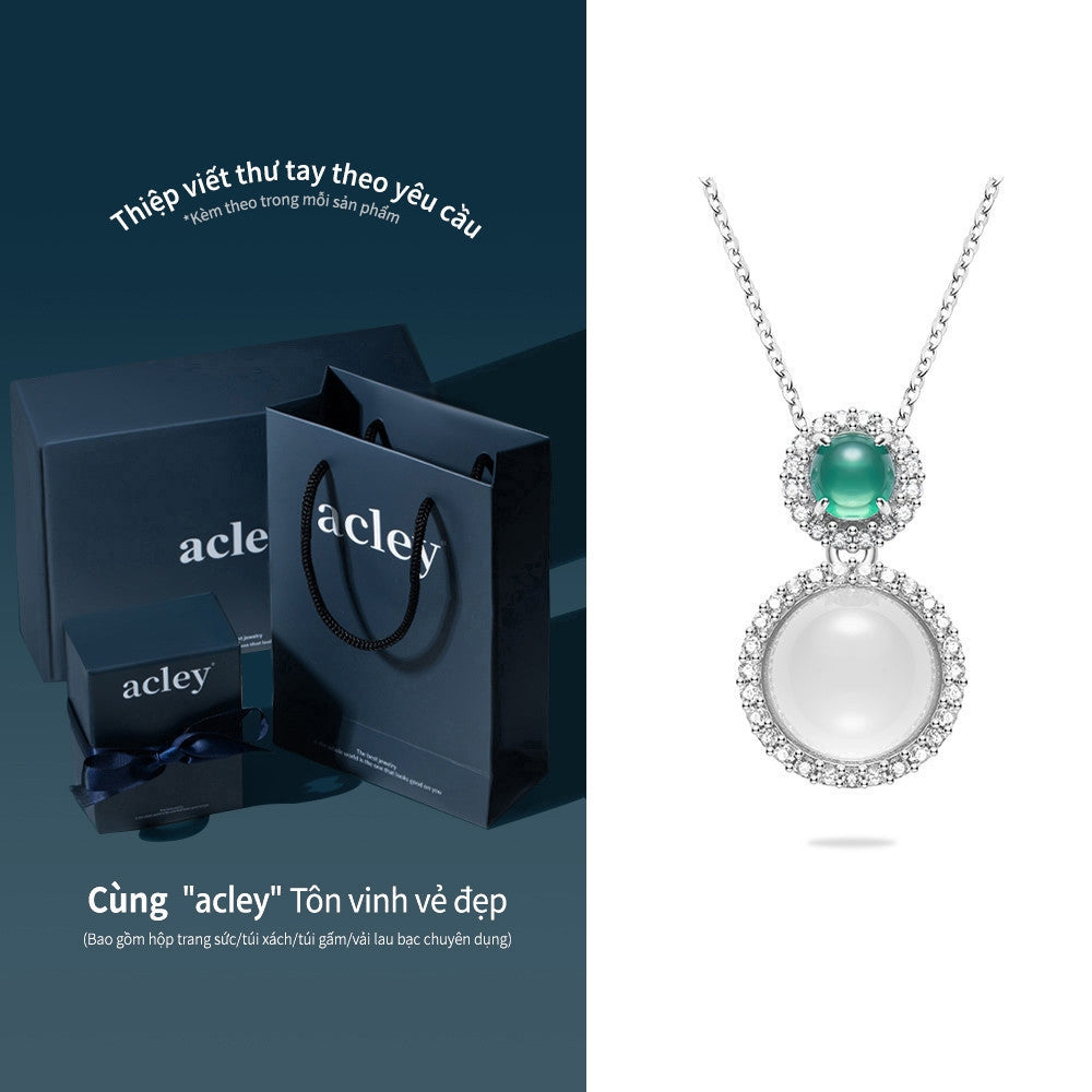 Dây chuyền bạc S925 mặt đá mã não chalcedony viền zircon 5A