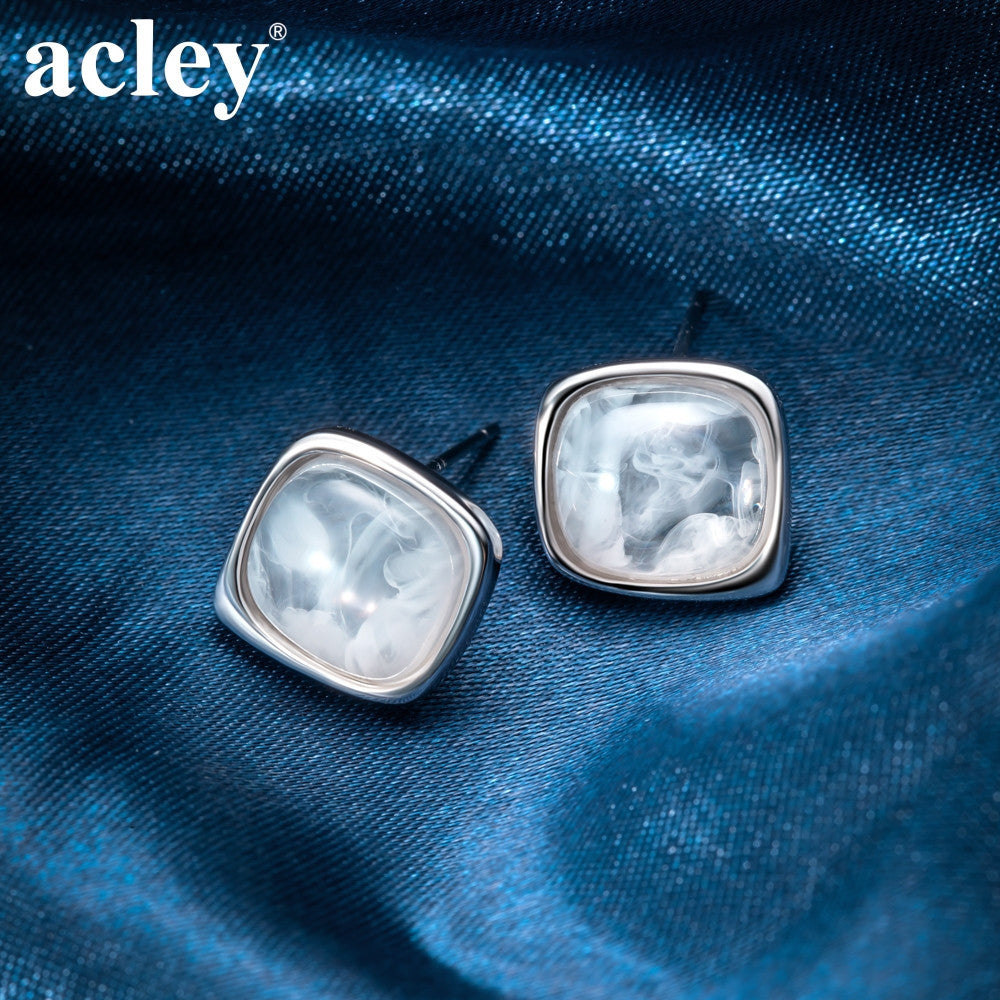 Bông tai nụ bạc S925 đá mã não chalcedony dáng vuông bo góc
