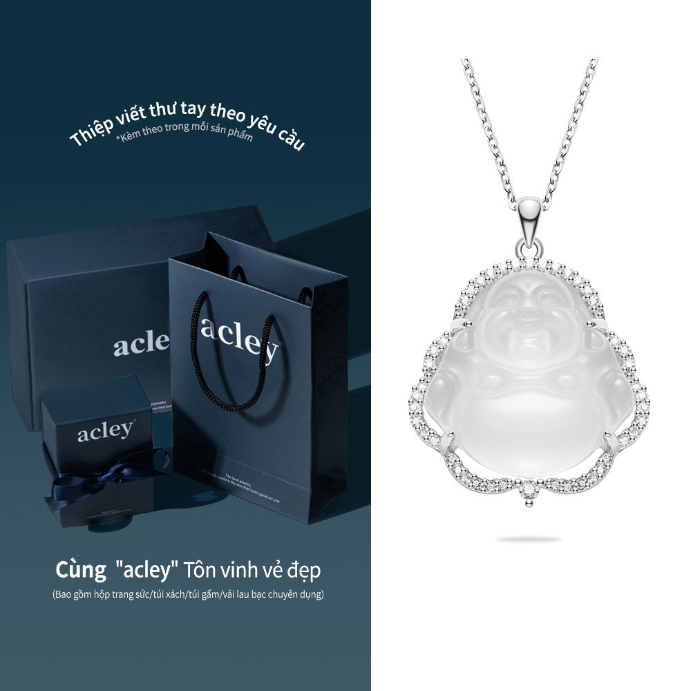 Dây chuyền bạc S925 mặt Phật Di Lặc đá chalcedony mã não viền zircon 5A