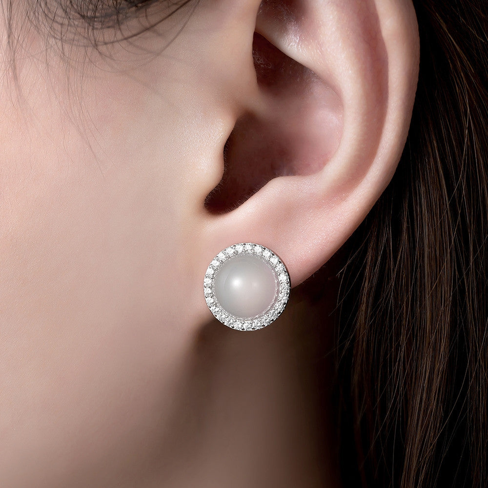 Bông tai nụ bạc S925 đá mã não chalcedony dáng tròn