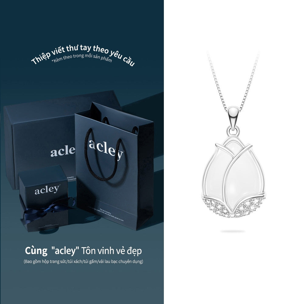 Bộ trang sức bạc S925 hoa tulip phối mã não trắng đính zircon 5A