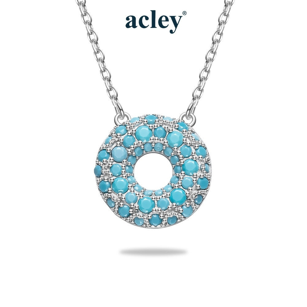 Dây chuyền bạc S925 mặt tròn rỗng khảm đá turquoise