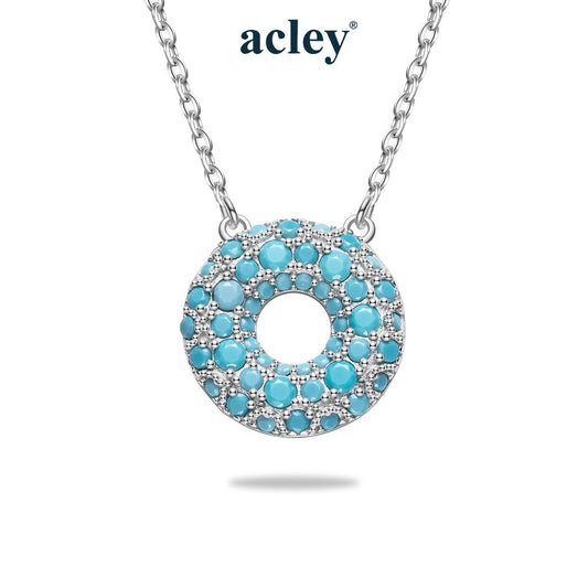 Dây chuyền bạc S925 mặt tròn rỗng khảm đá turquoise