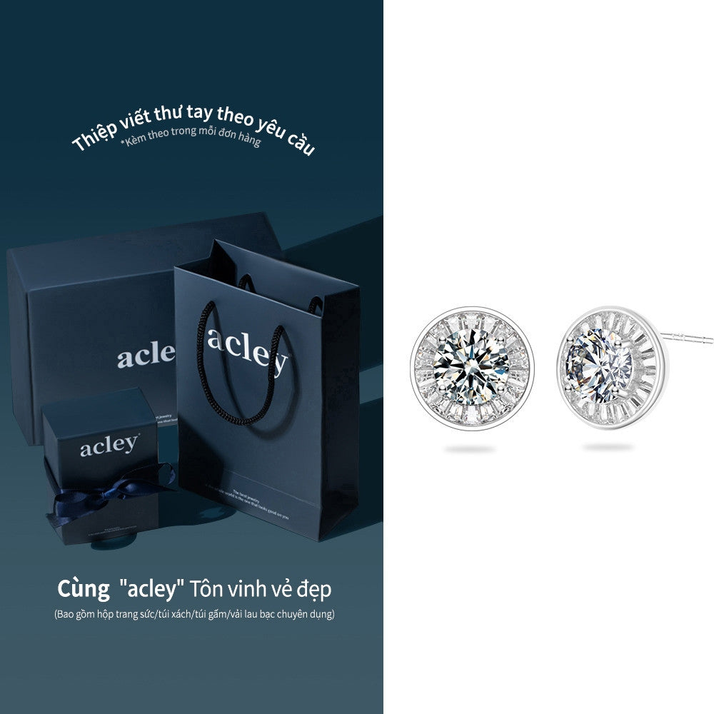Bông tai bạc S925 đính đá Moissanite dáng tròn viền baguette
