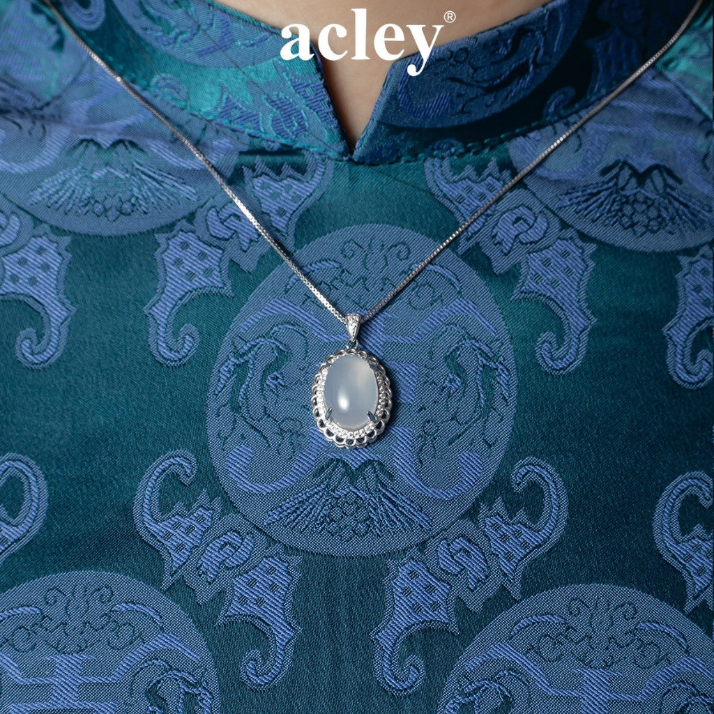 Dây chuyền bạc S925 mặt oval đá mã não chalcedony viền bi