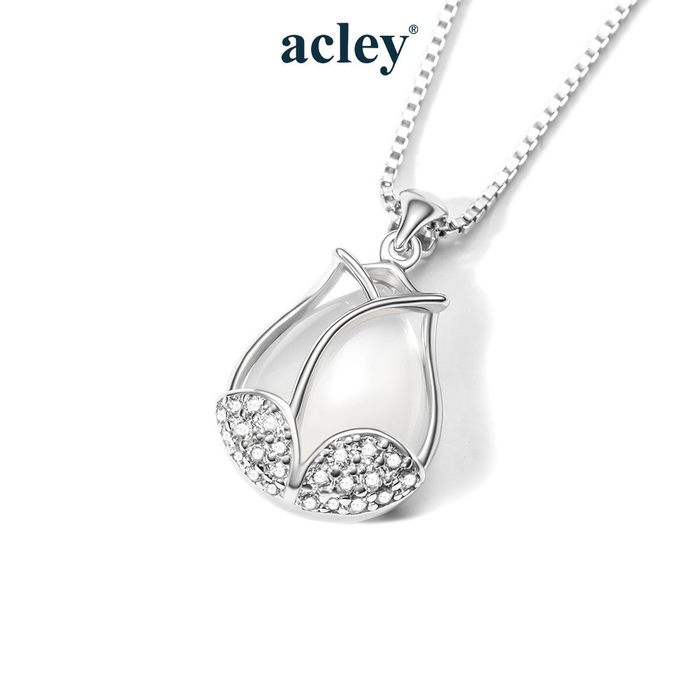 Bộ trang sức bạc S925 hoa tulip phối mã não trắng đính zircon 5A