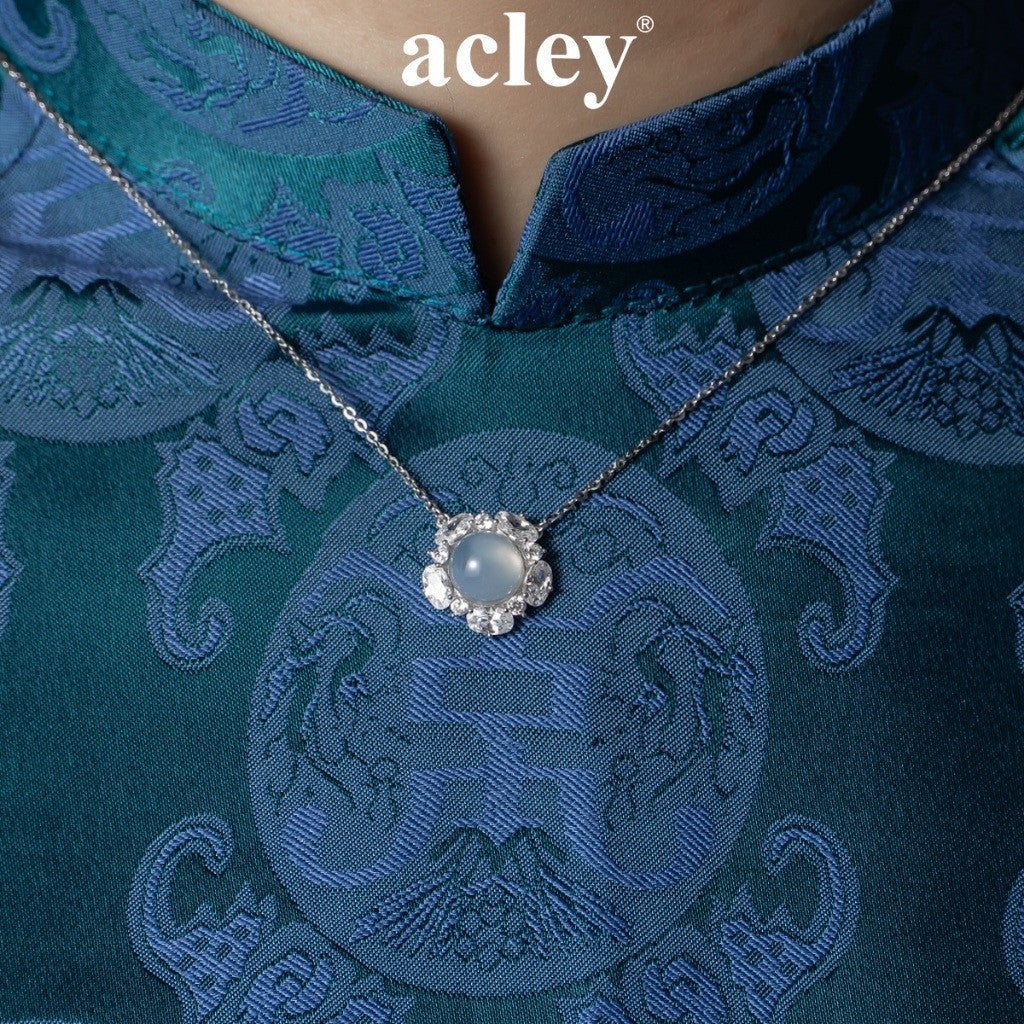 Dây chuyền bạc S925 mặt hoa đá mã não chalcedony viền zircon 5A