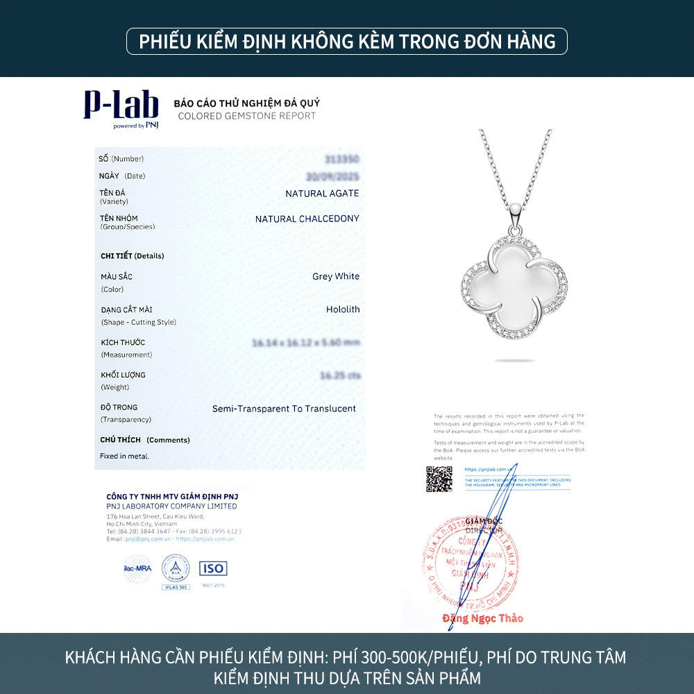 Dây chuyền bạc S925 cỏ bốn lá đá mã não chalcedony